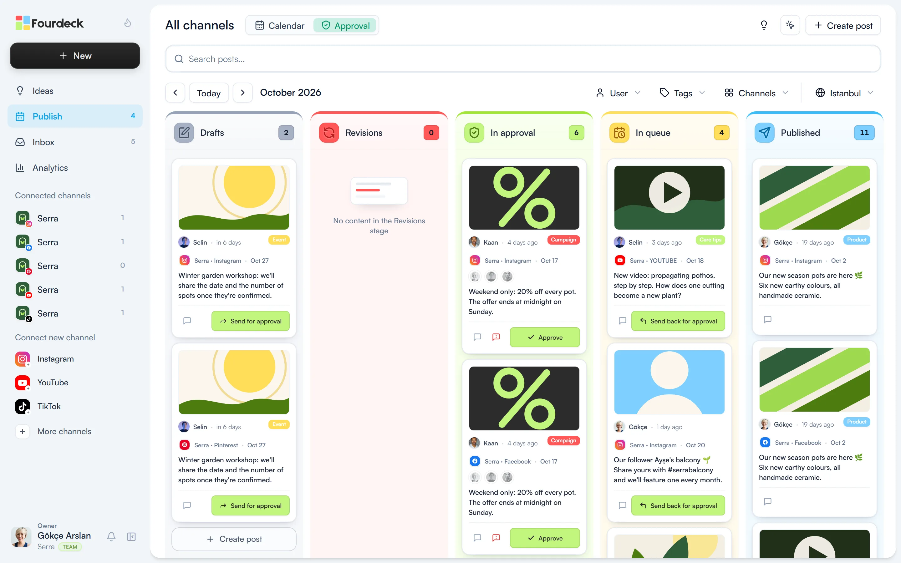 The Fourdeck approval board with Drafts, Revisions, In approval, In queue and Published columns