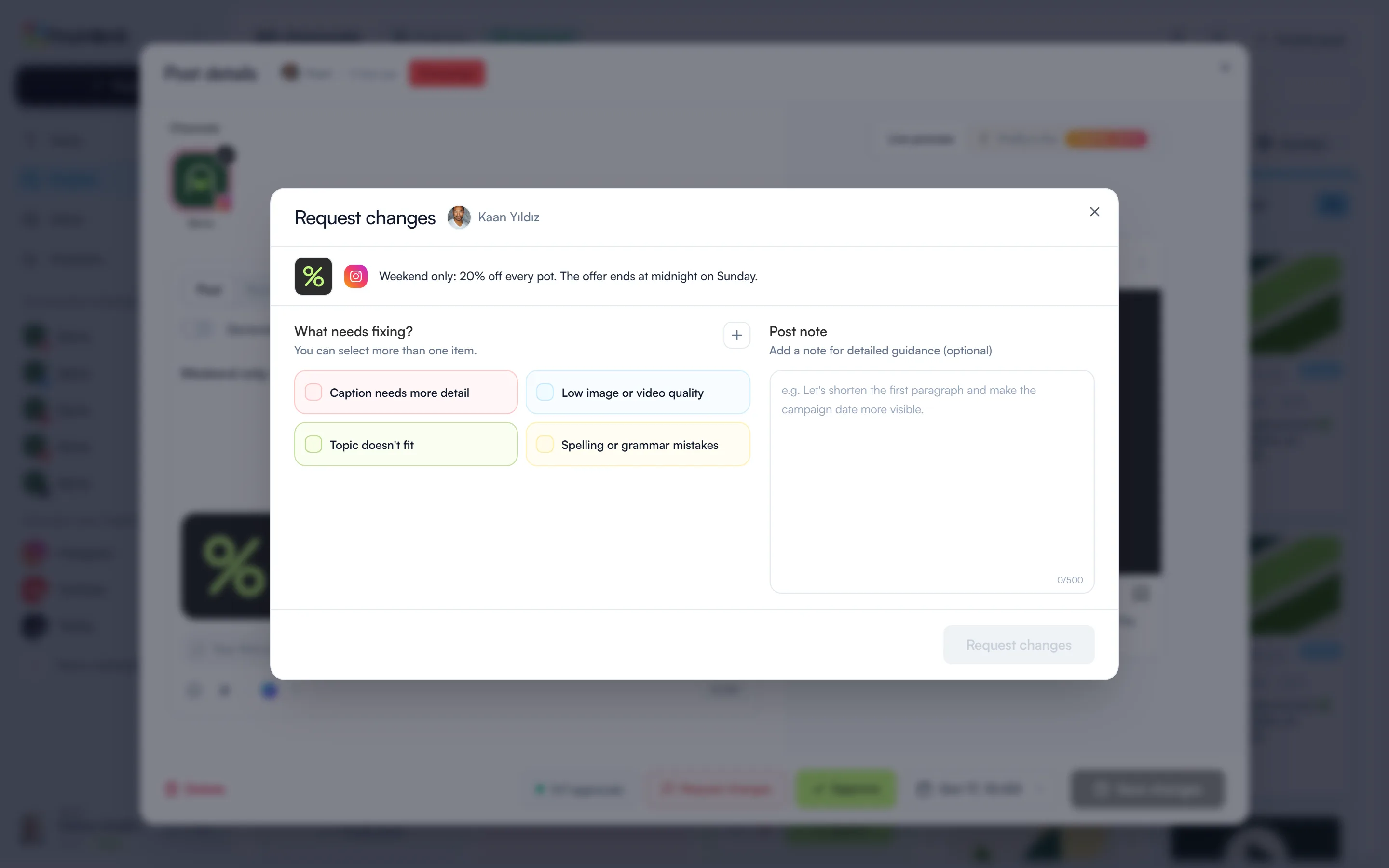 The Request changes window with four revision items and a note field