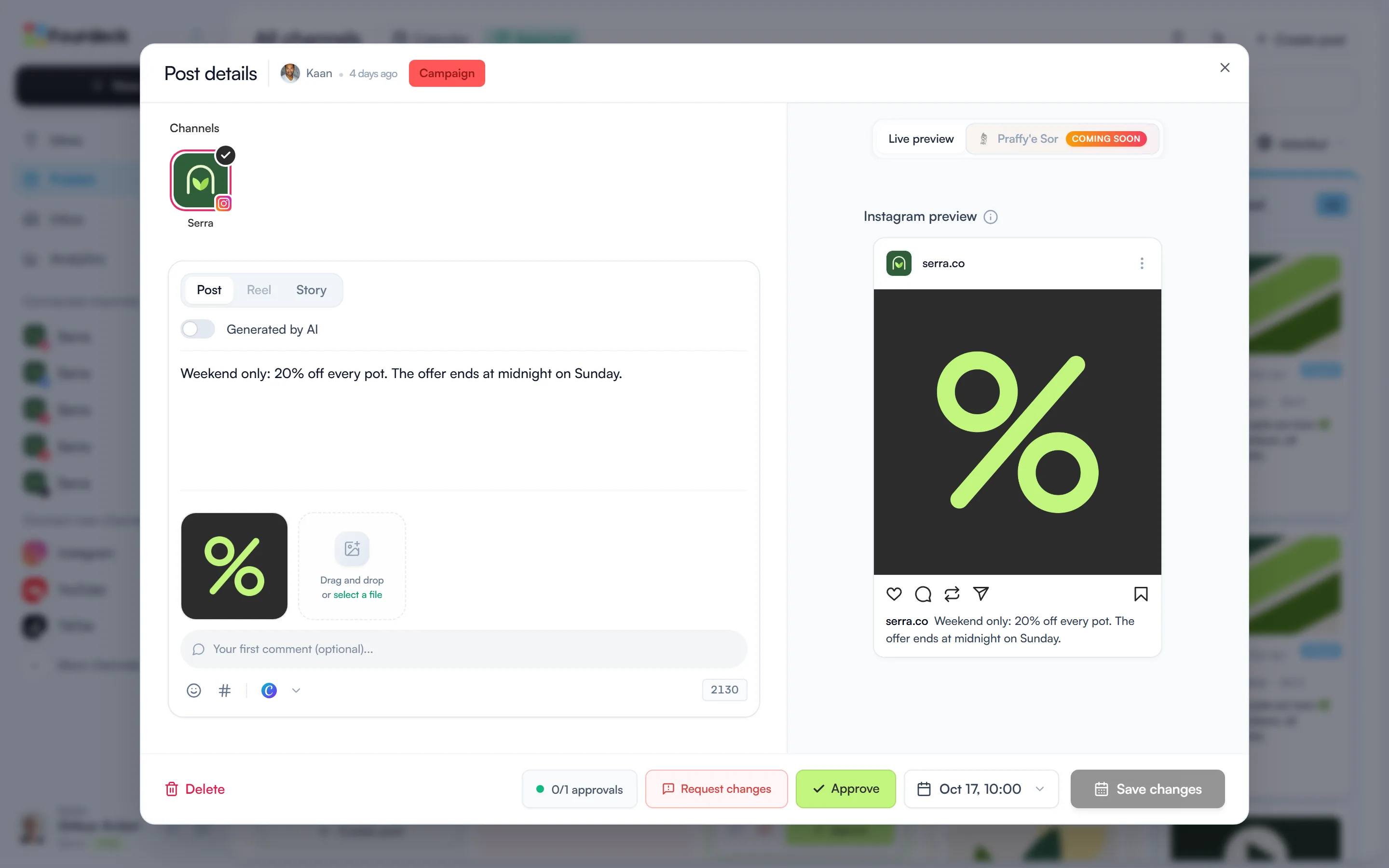 The Post details window with an Instagram preview, the 0/1 approvals counter and the Request changes and Approve buttons