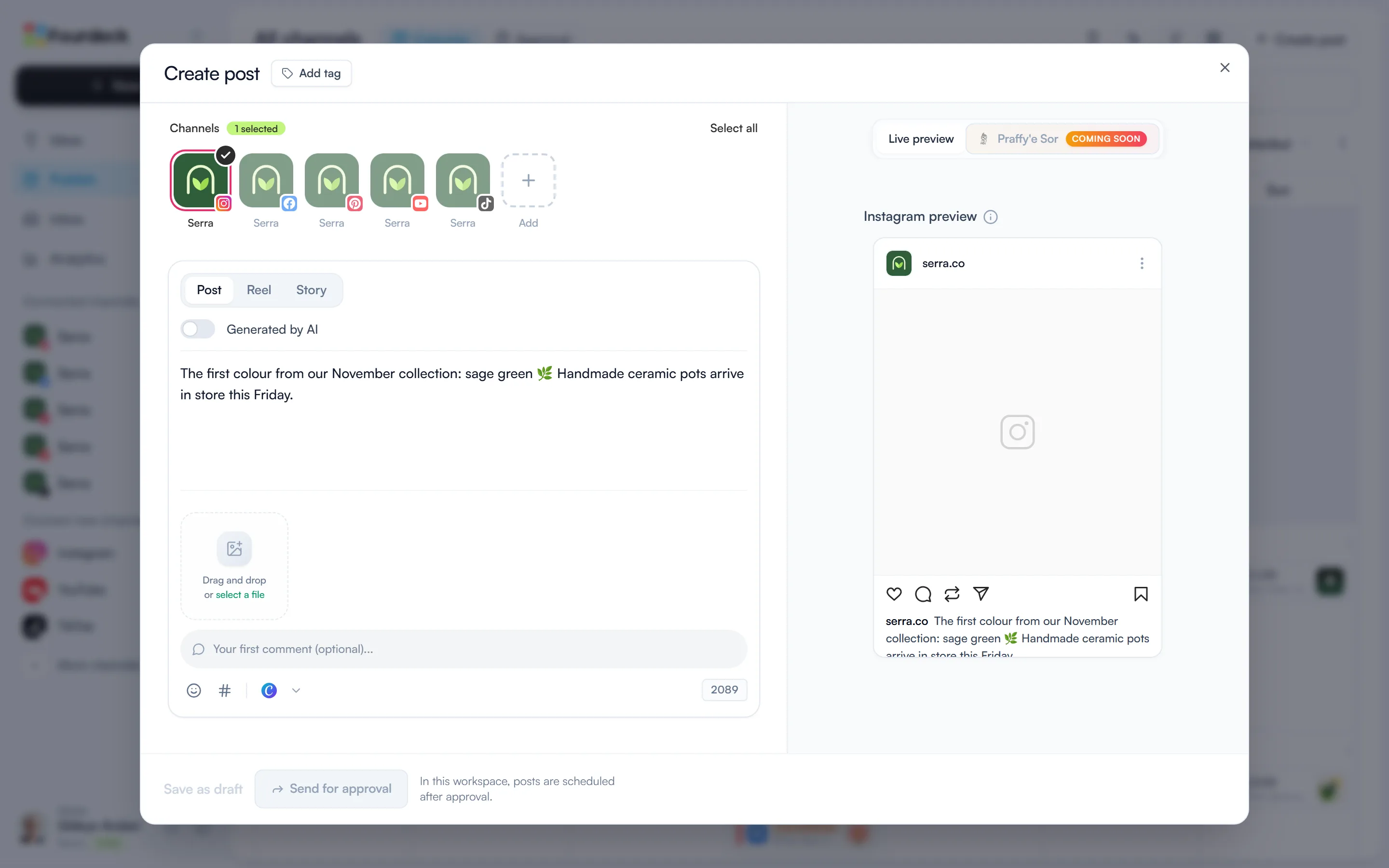 The Create post window with the Instagram channel selected, the caption written and the Send for approval button at the bottom