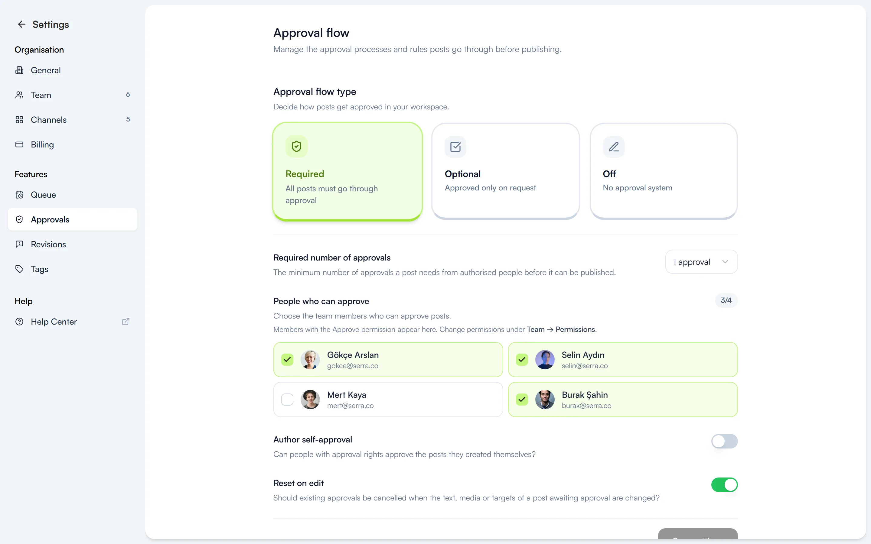 The Settings → Approvals page with the Required flow selected, the required number of approvals and the list of approvers
