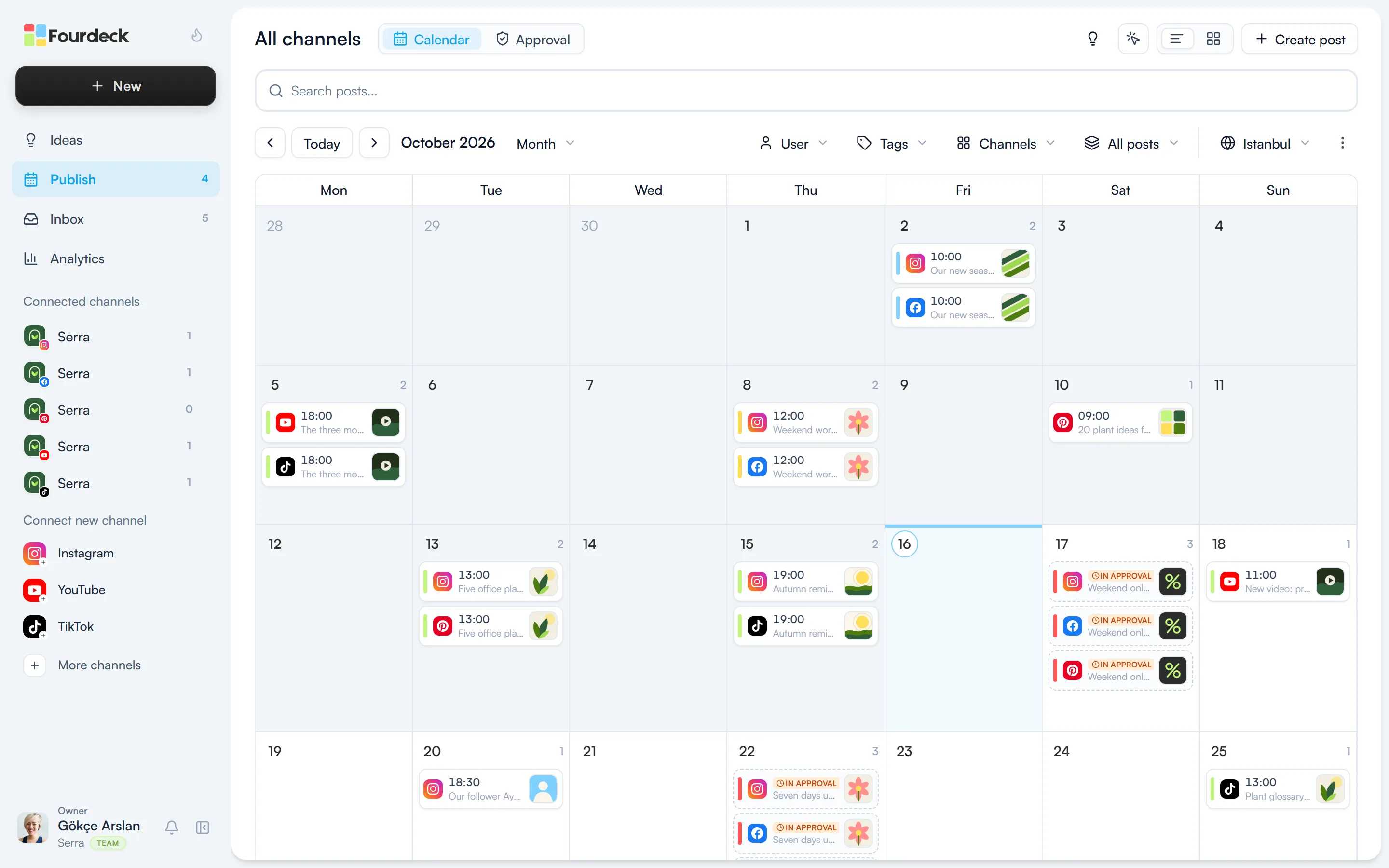 The month view of the Fourdeck calendar with posts from five channels laid out by day