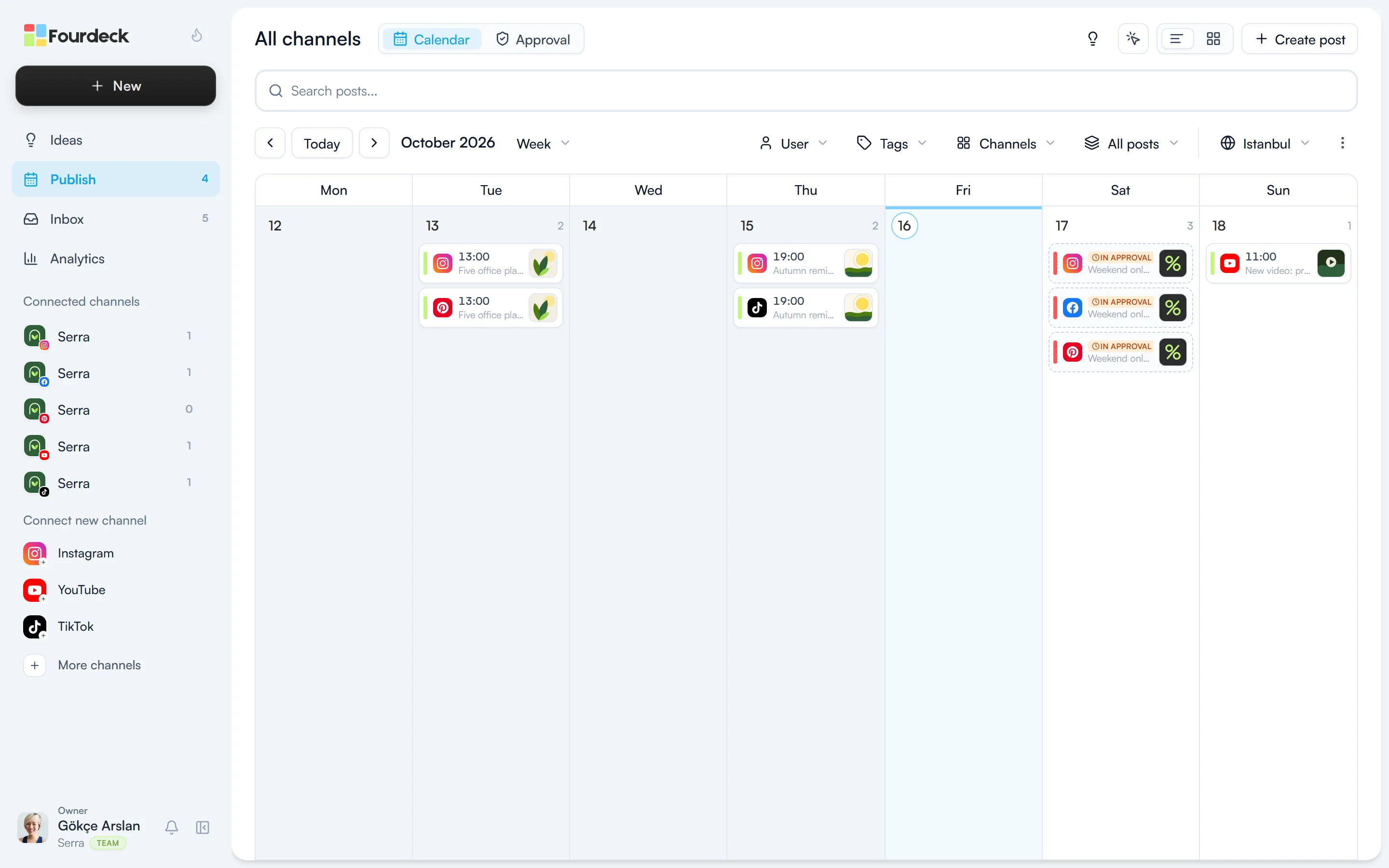 The calendar week view showing posts for the week of 12–18 October
