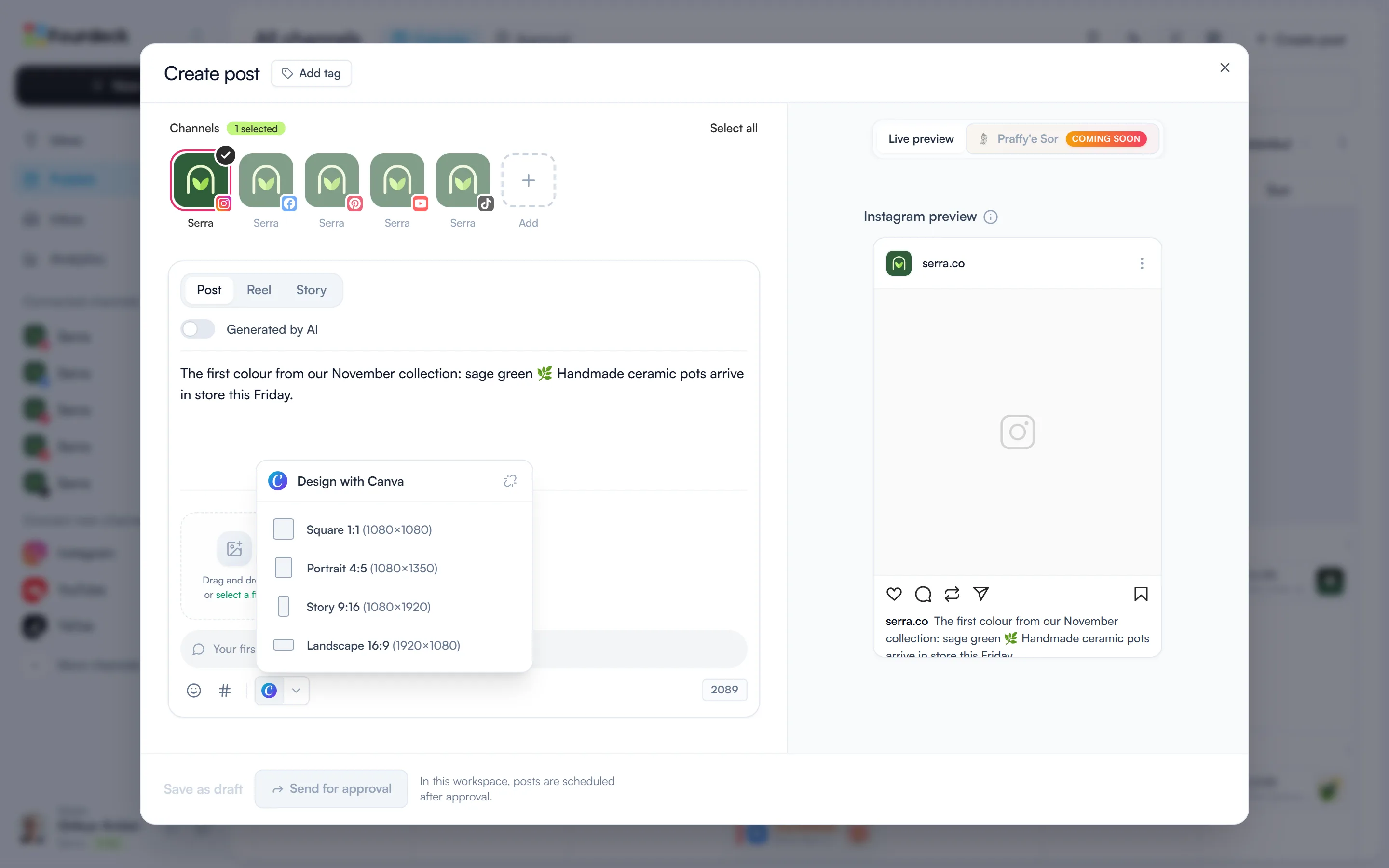The Design with Canva menu open in the Create post window, showing four design sizes