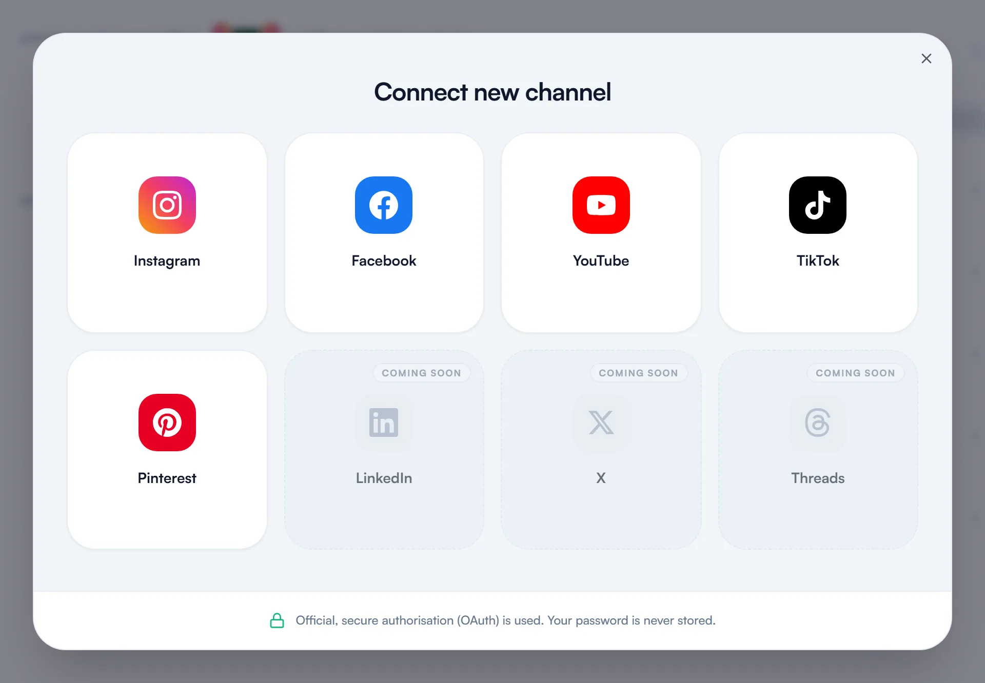 The Connect new channel window with Instagram, Facebook, YouTube, TikTok and Pinterest, and LinkedIn, X and Threads marked as coming soon
