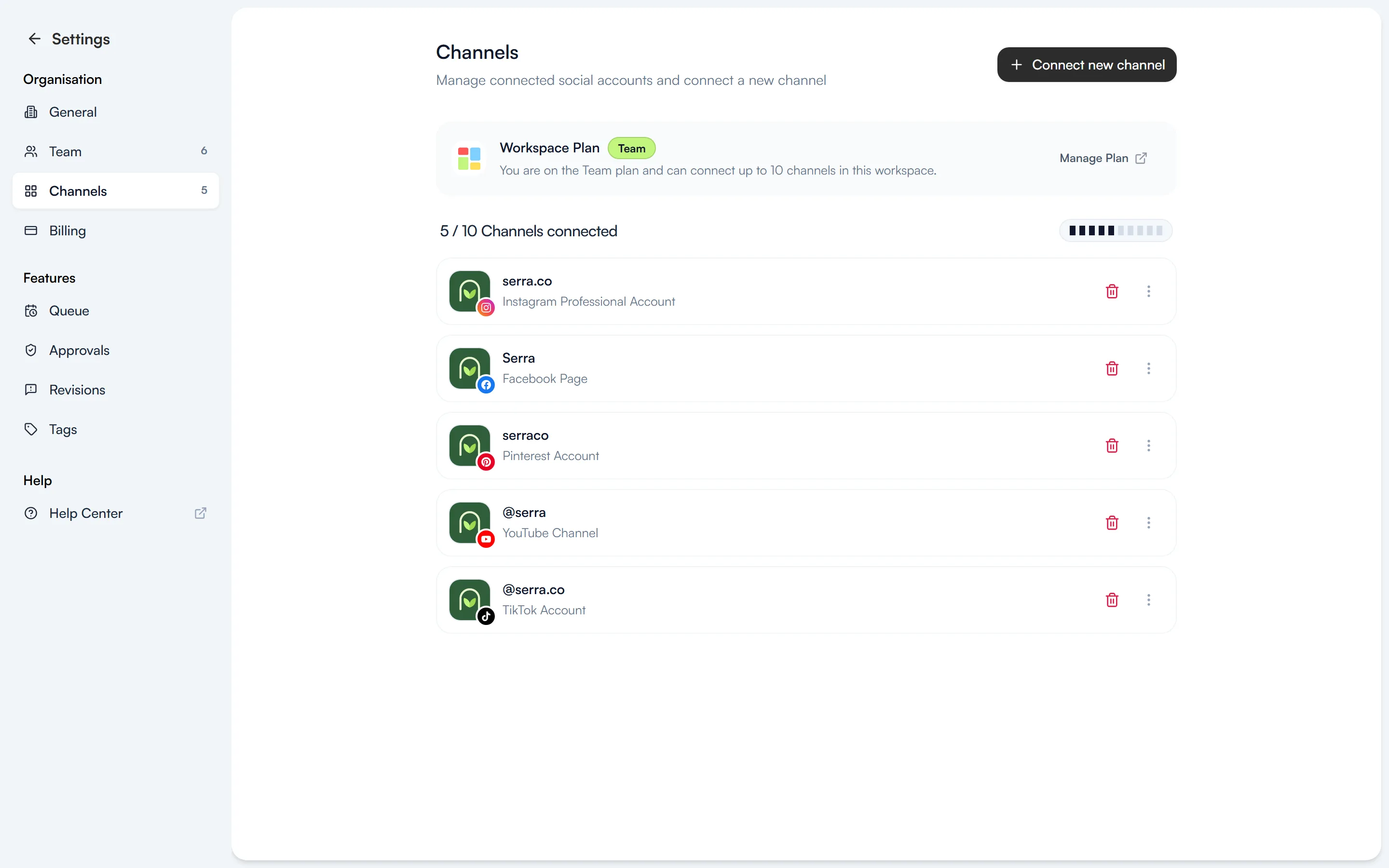 Settings → Channels with connected Instagram, Facebook, Pinterest, YouTube and TikTok accounts