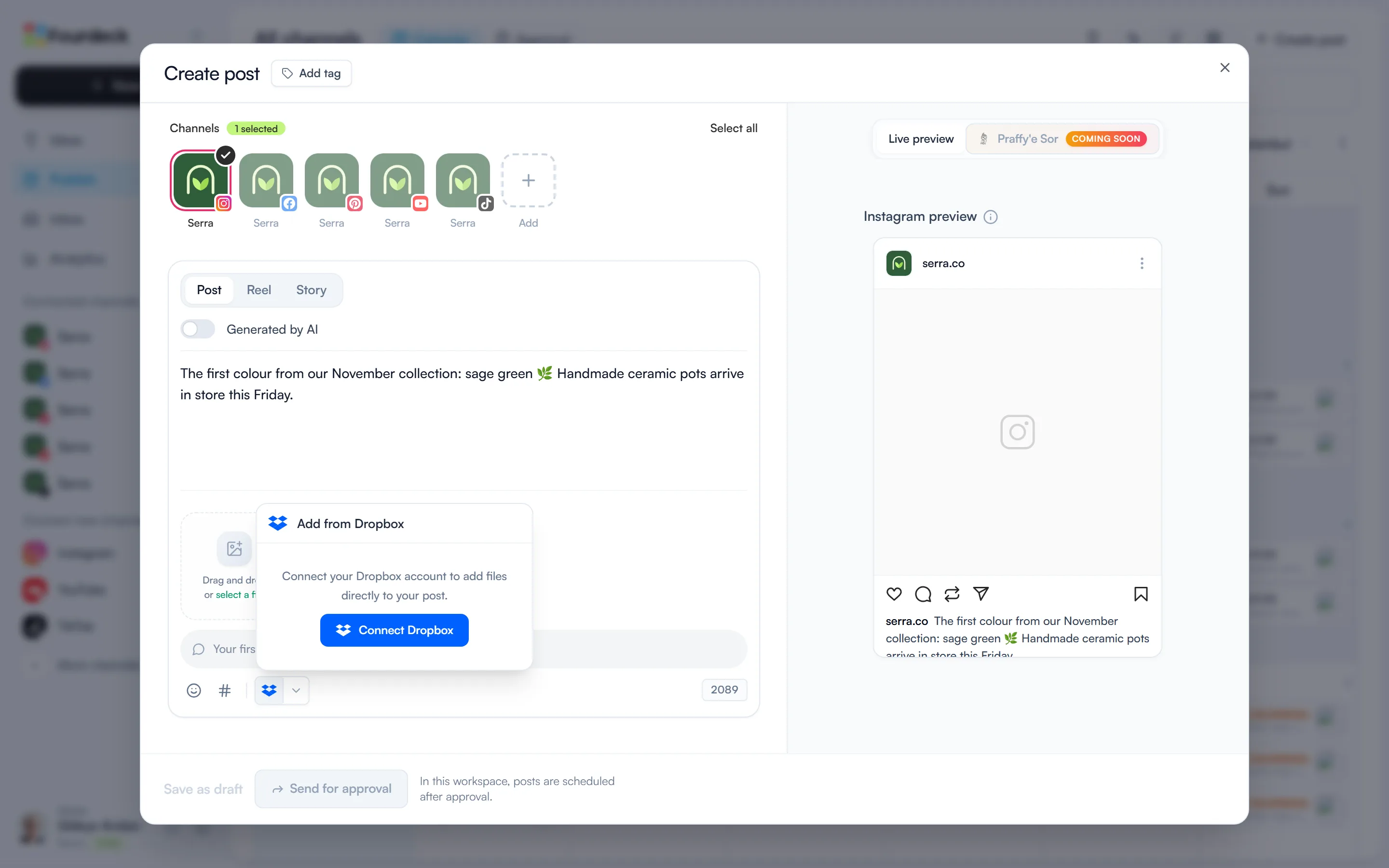 The Create post window with the Add from Dropbox popover showing a Connect Dropbox button