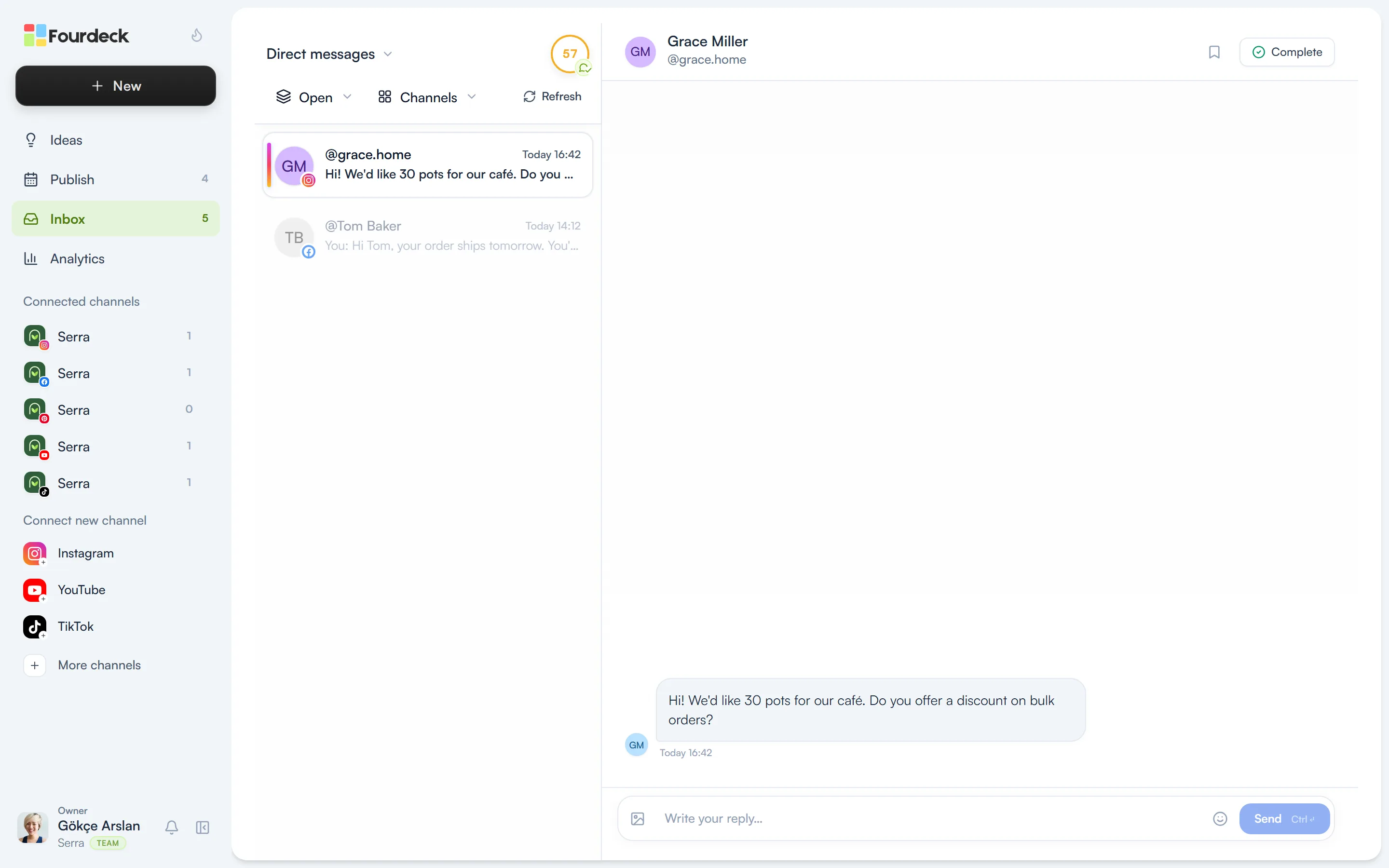 The direct messages screen with Instagram and Facebook conversations on the left and a message asking about a bulk order on the right