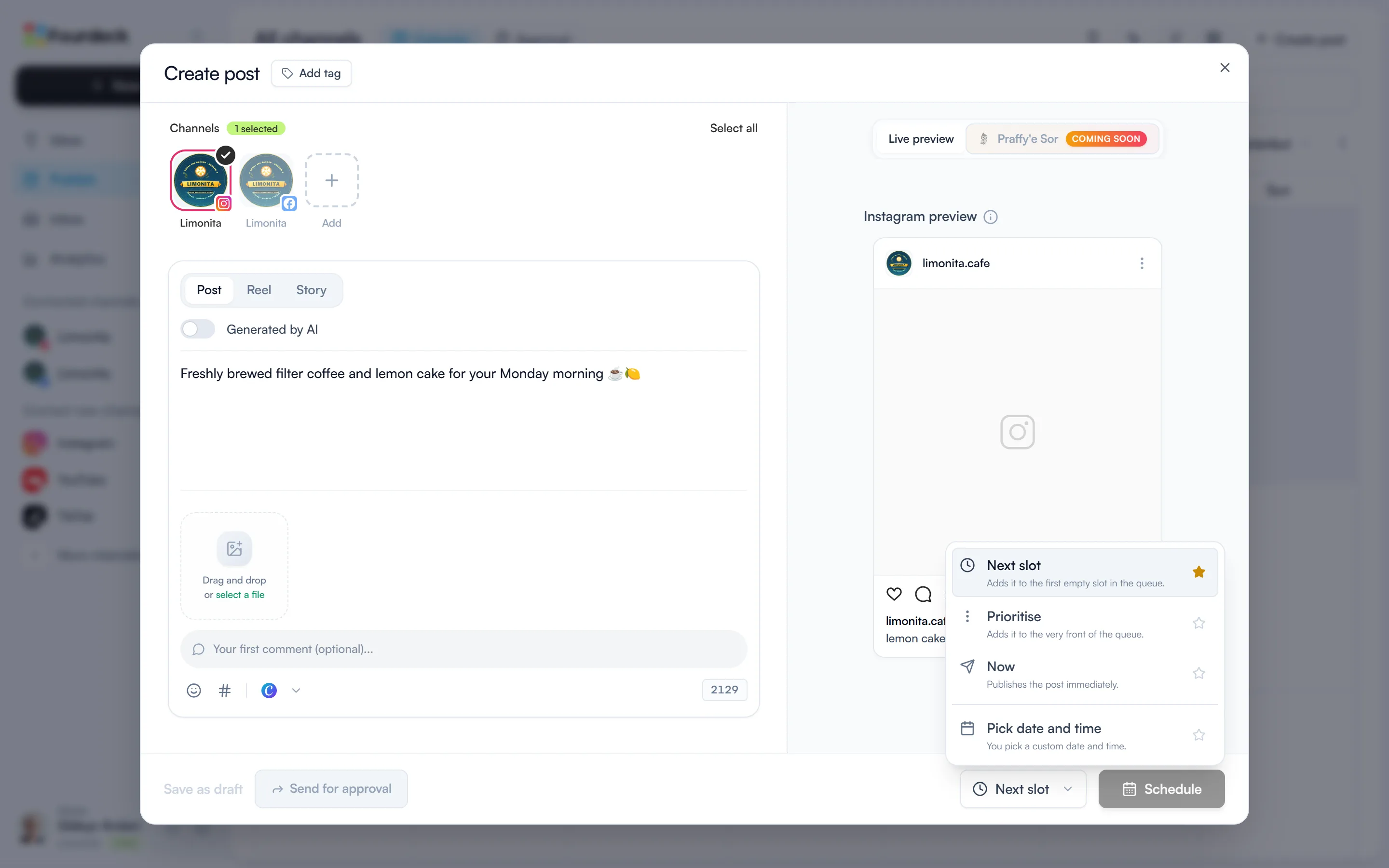 The Create post window with the menu open, showing Next slot, Prioritise, Now and Pick date and time