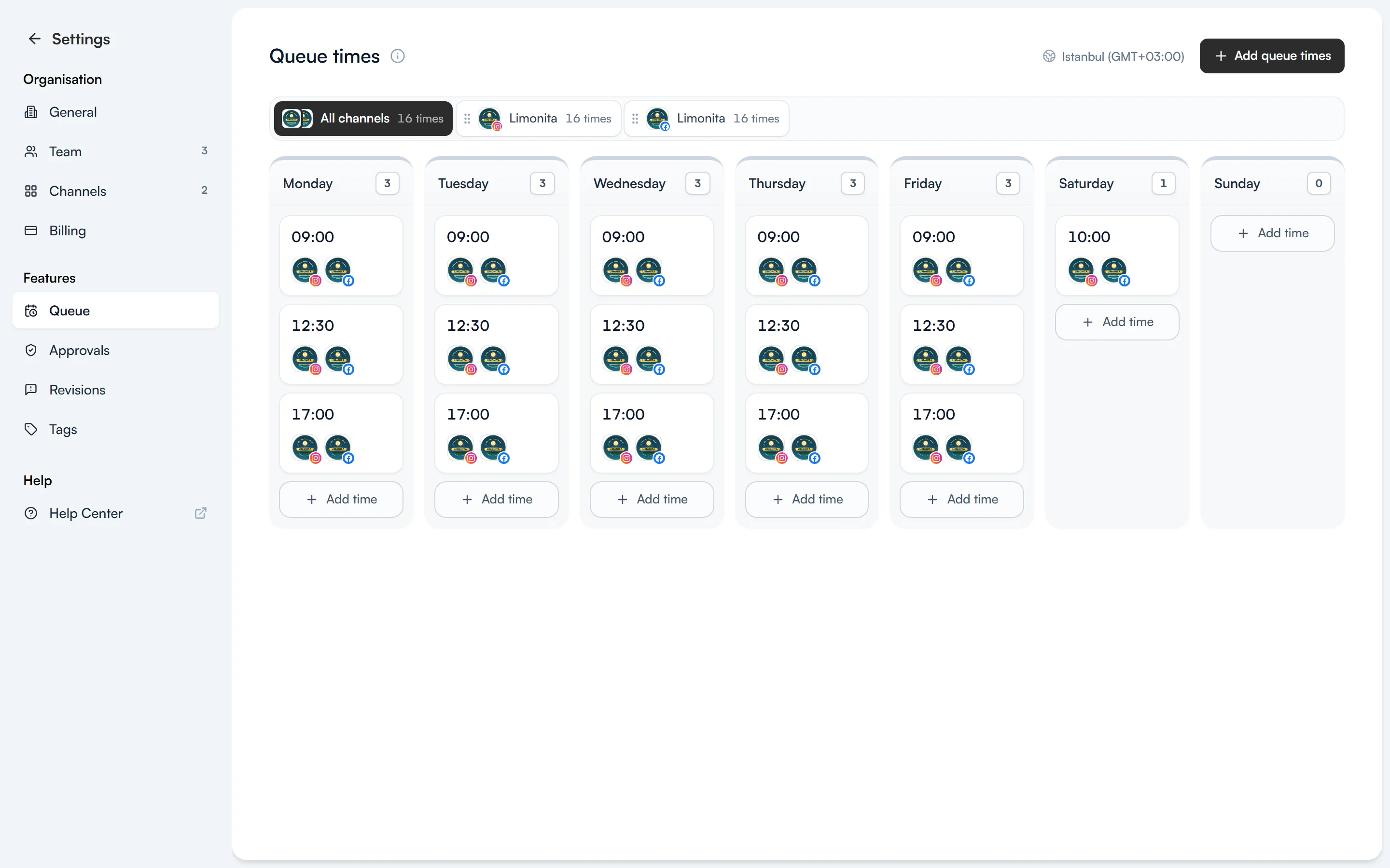 The Queue times page showing publishing times for each day of the week