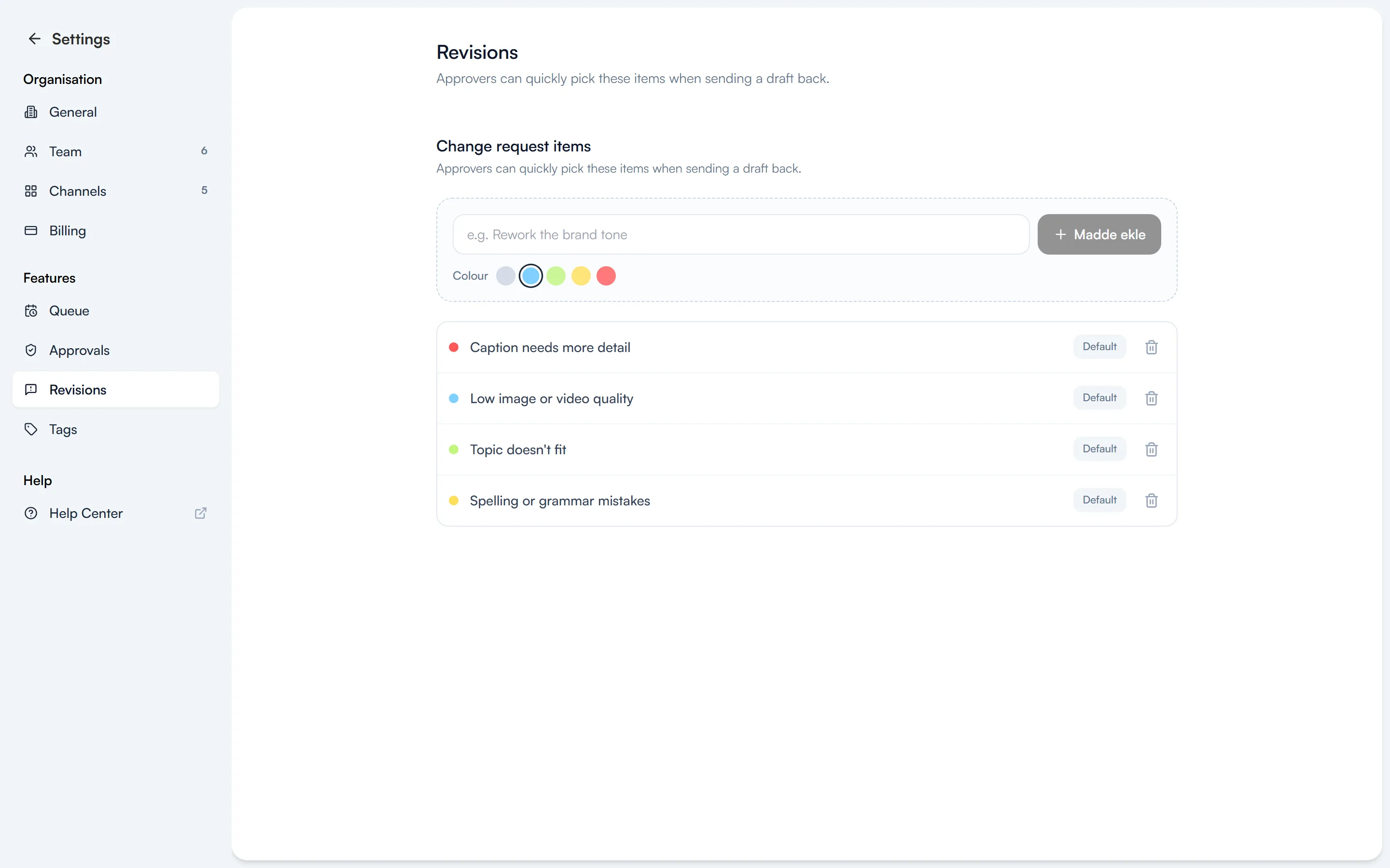 The Settings → Revisions page listing the revision items