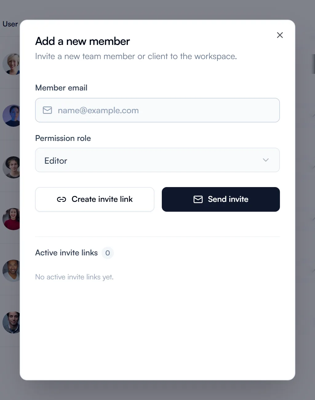 The Add a new member window with the member email, permission role, Create invite link and Send invite buttons