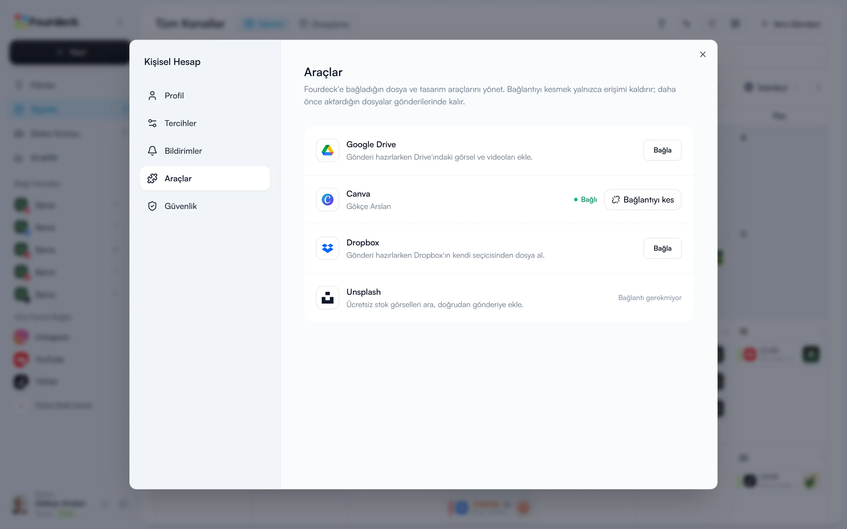 Profil Ayarları → Araçlar: Google Drive, Canva, Dropbox ve Unsplash satırları, Canva bağlı