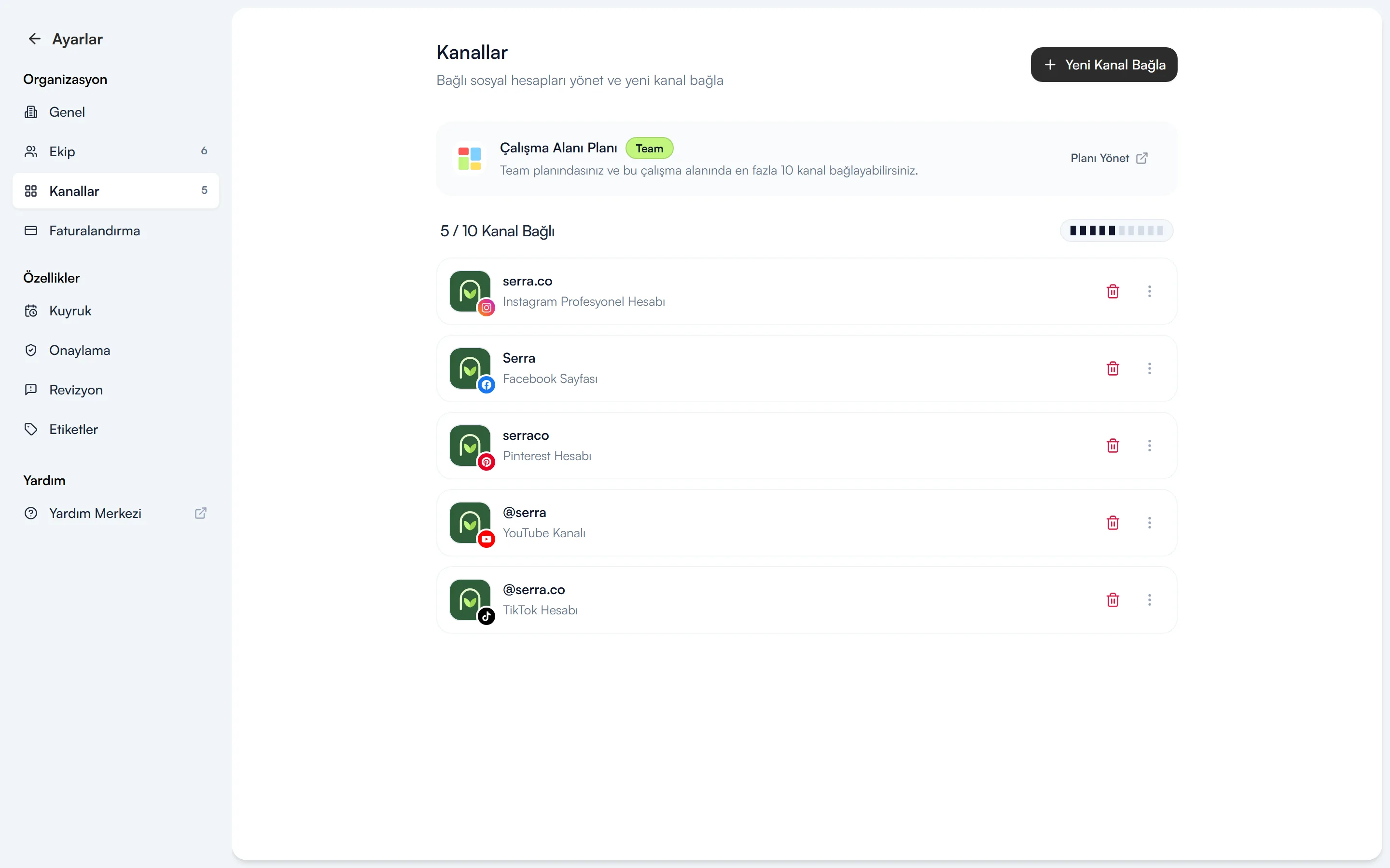 Ayarlar → Kanallar: bağlı Instagram, Facebook, Pinterest, YouTube ve TikTok hesapları