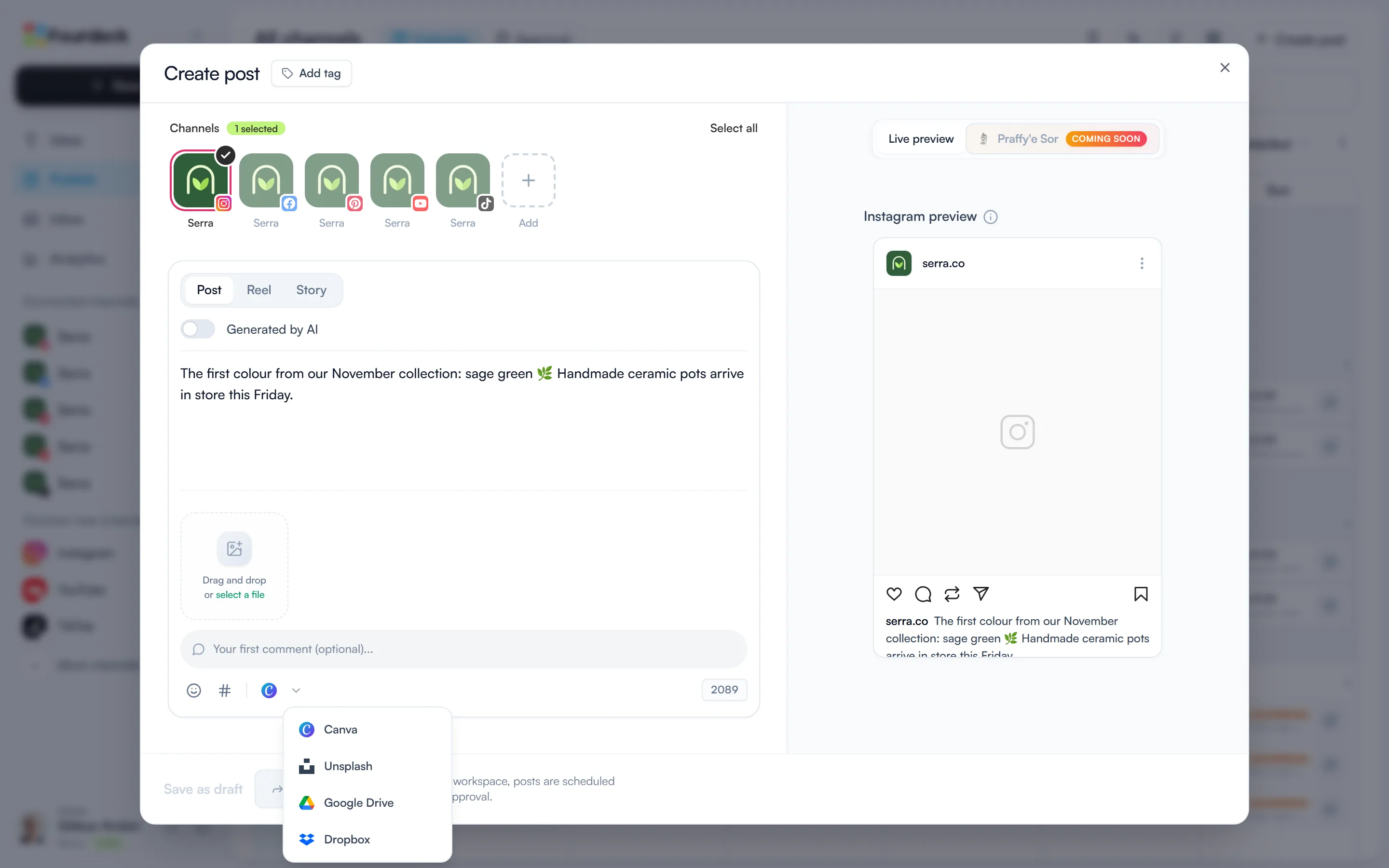 The Create post window with the arrow next to the media tool open, listing Canva, Unsplash, Google Drive and Dropbox