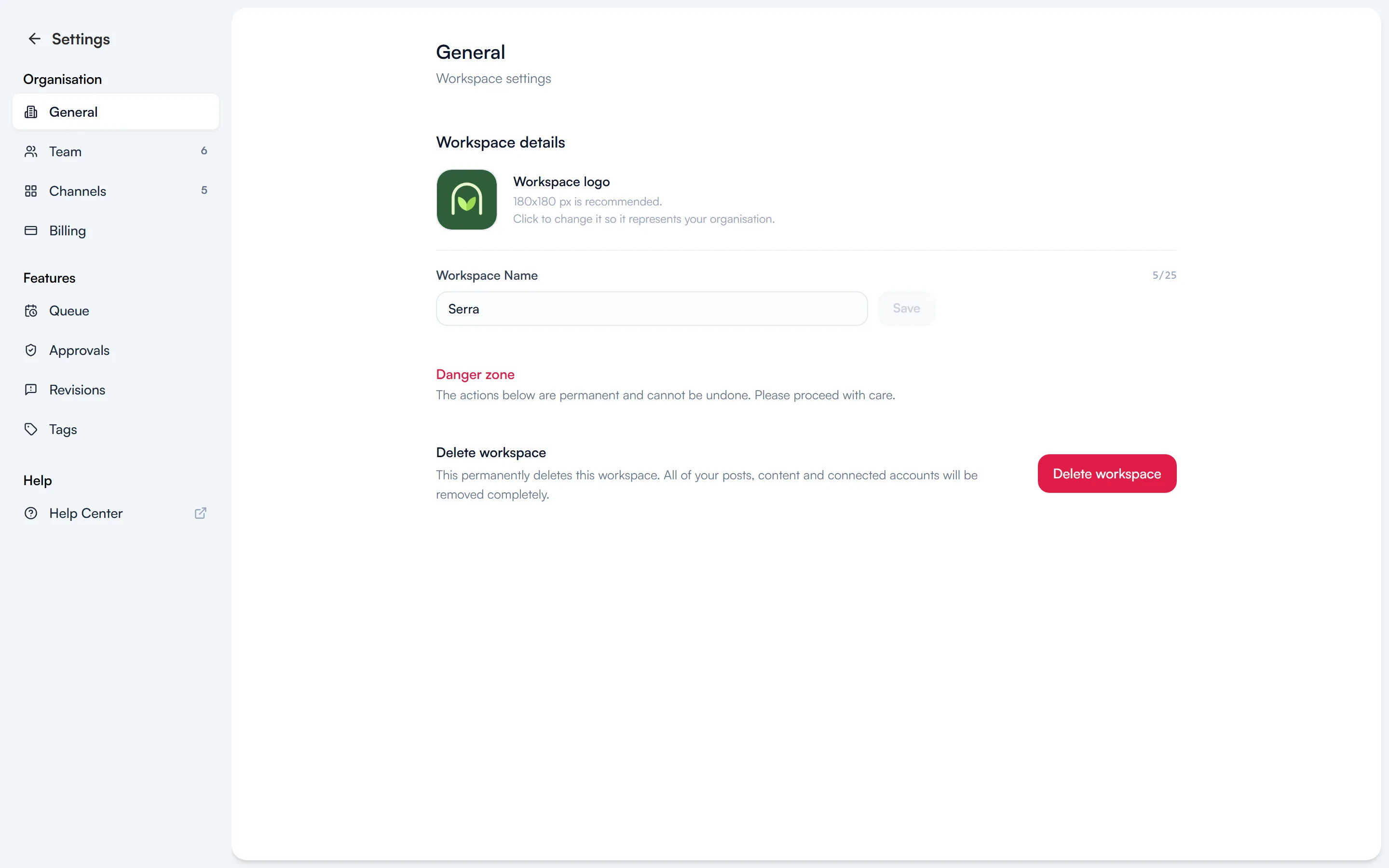 Settings → General with the workspace logo, its name and the Delete workspace section