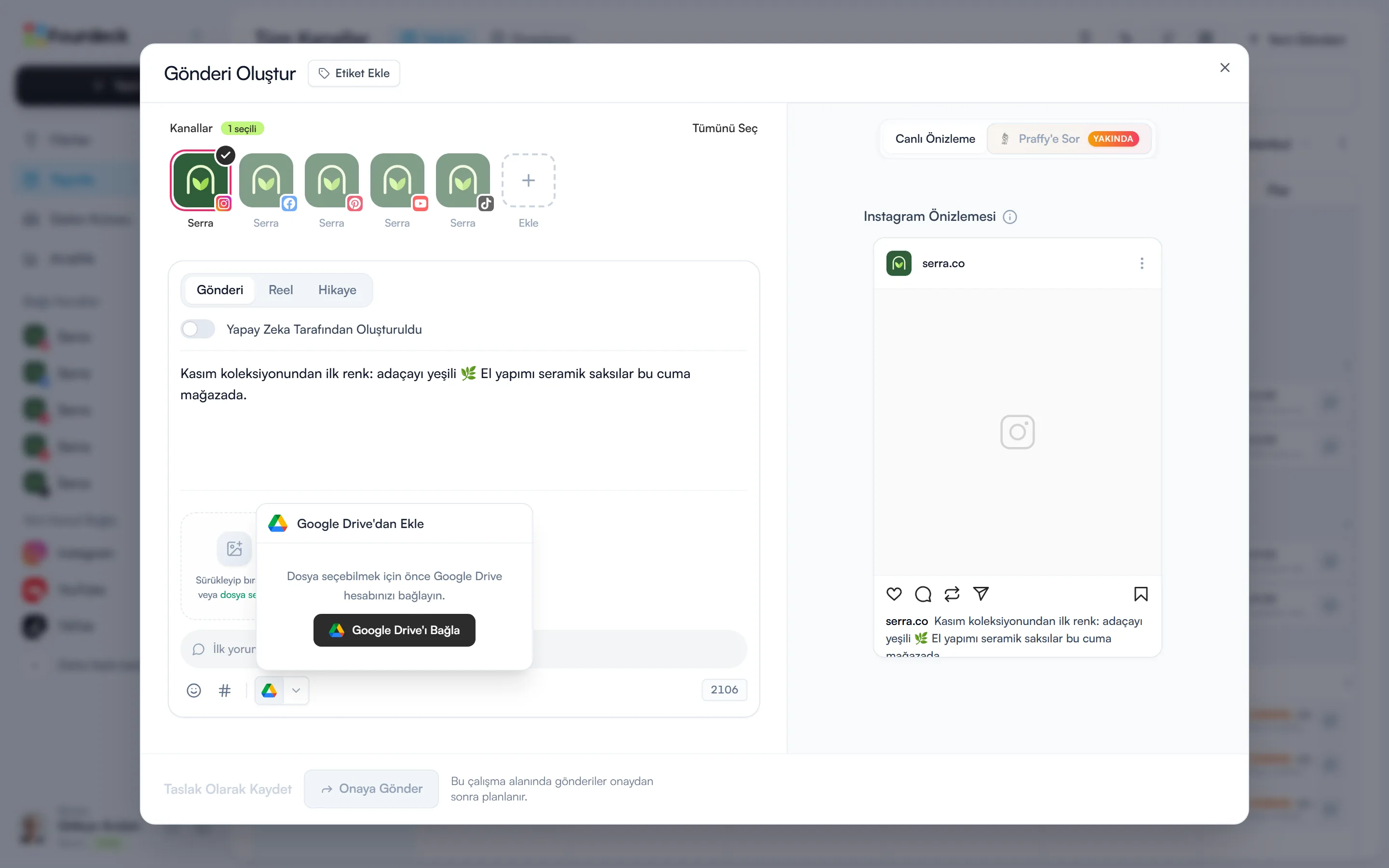 Gönderi Oluştur penceresi: Google Drive'dan Ekle penceresinde Google Drive'ı Bağla düğmesi
