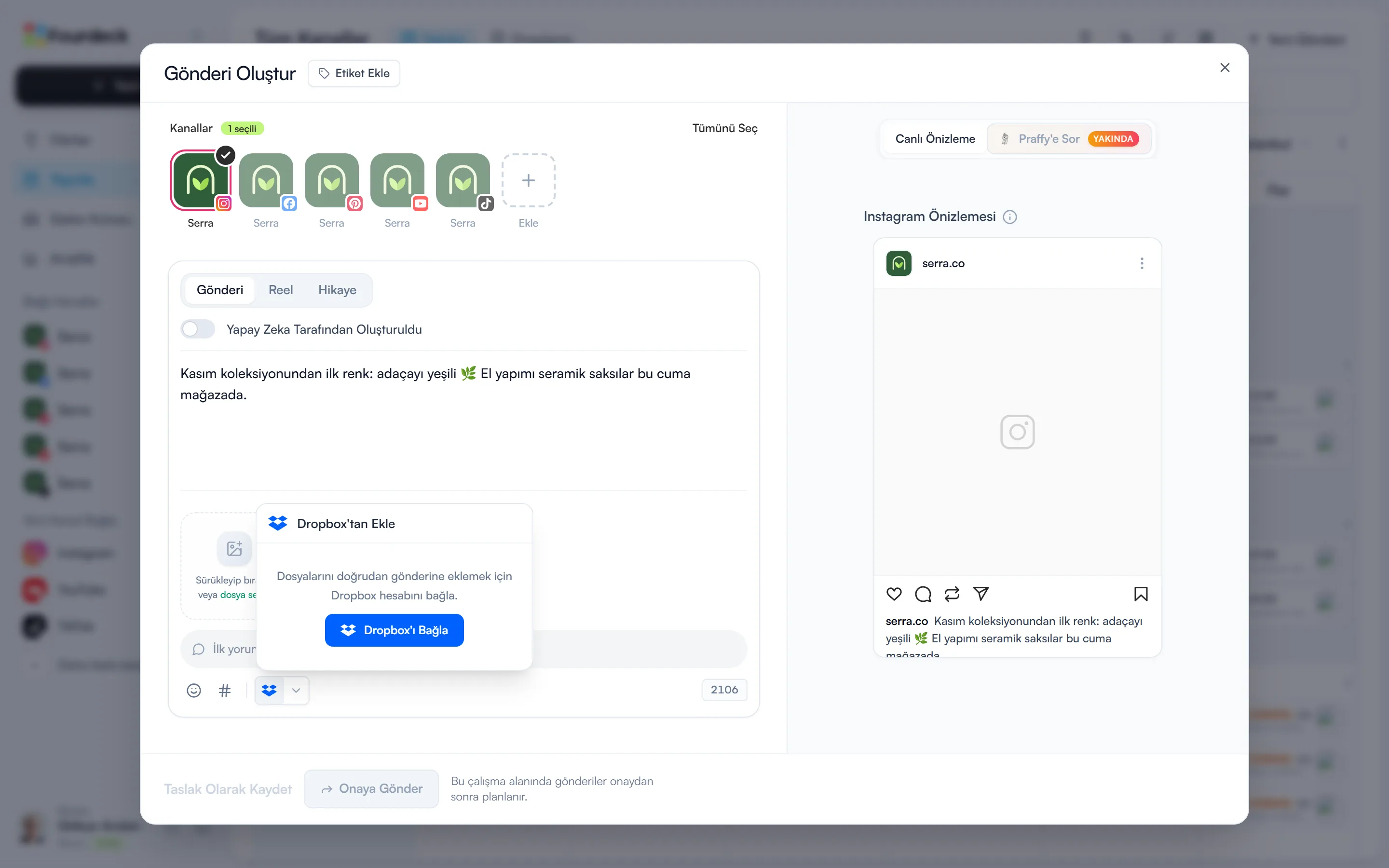Gönderi Oluştur penceresi: Dropbox'tan Ekle penceresinde Dropbox'ı Bağla düğmesi